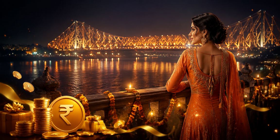 Night view of Howrah Bridge in Kolkata with betting theme