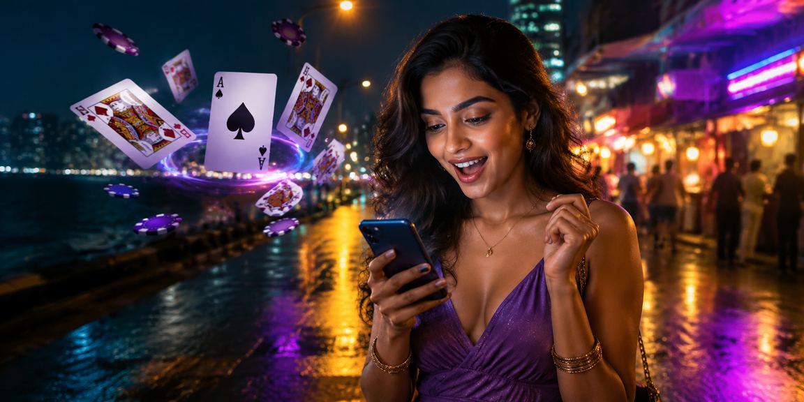 Poker players enjoying a lively night market scene in Mumbai